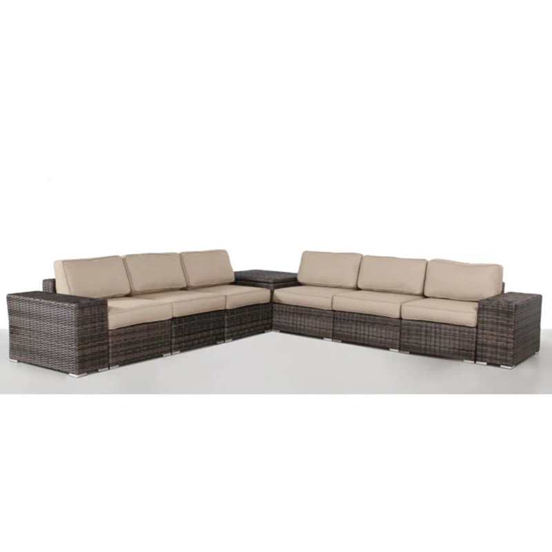 Ensemble de 6 pièces pour terrasse avec structure, 12 coussins résistants, rangement dissimulé et conception antirouille. Mobilier modulaire hydrofuge, facile d'entretien.
