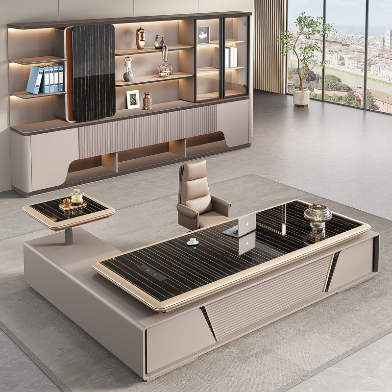 Bureau de direction multifonctionnel de luxe léger de 110,23 pouces – Armoire latérale à hauteur réglable électriquement avec boîtier de câbles multimédia et serrure à combinaison, bureau de patron avec rangement double face
