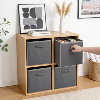 Ensemble de 6 cubes de rangement pliables en tissu - Bacs ouverts pliables de 11 pouces avec poignées en similicuir - Boîtes de rangement pour tablettes et placards - Rangement durable pour vêtements et jouets