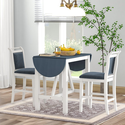 3-Piece Wood Counter Height Drop Leaf  Dining Table Set with 2 Upholstered Dining Chairs for Small Place, White