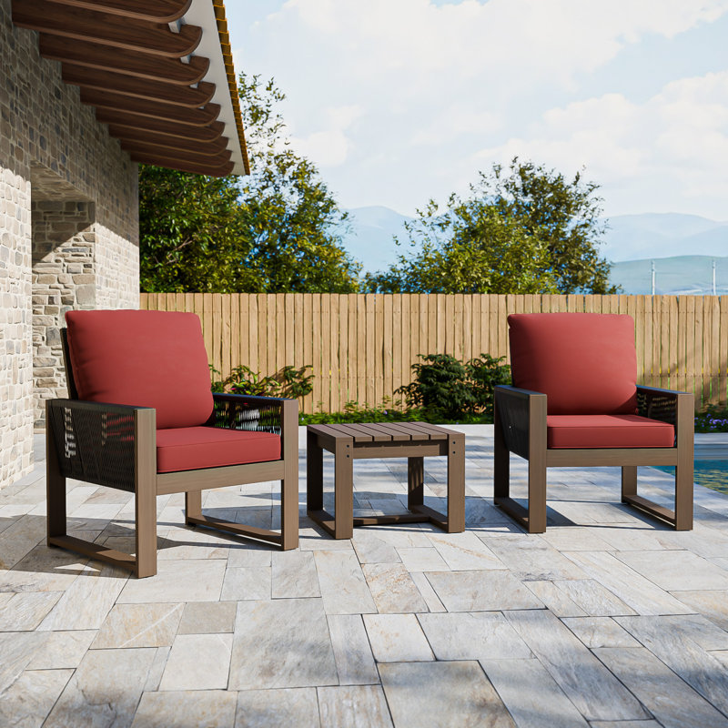 Ensemble de conversation de 5 pièces en bois de cèdre brun avec coussins en oléfine, table basse carrée et repose-pieds