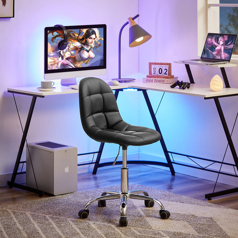 Modern Black Armless Upholstered Office Chair with Wheels – Adjustable Height Mid-Back Swivel Desk Chair for Home Office, Makeup Vanity, Study, and Small Space – Padded Computer Chair with Casters, Metal Base, 250 lbs Capacity