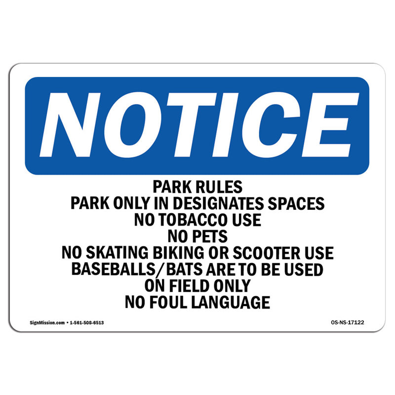 Panneau «Park Rules» seulement dans les espaces désignés