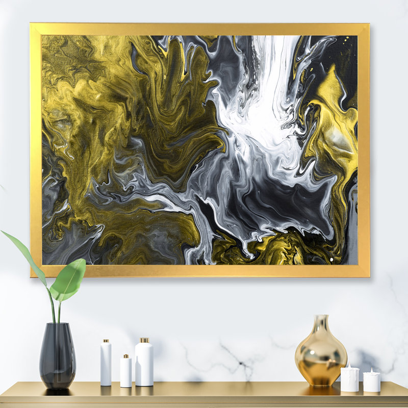 Jaune jaune et noir liquide Art Waves II - peinture sur toile, Toile à cadre d'angle fermé doré, H 30 po x l 40 po