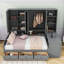 Lit de jour à 2 tiroirs en bois avec bureau intégré et tablettes-208288930-208288956