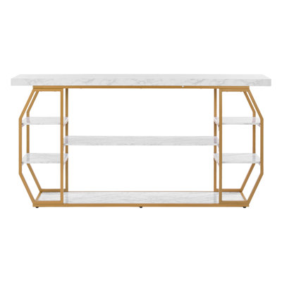 Grande console moderne à motif géométrique doré avec 3 niveaux et plateau en marbre | Idée de cadeau