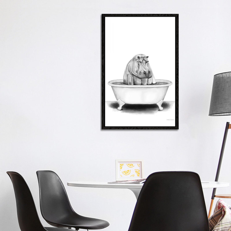 Hippo In Tub by Rachel Nieman - Print on Canvas, 101.6cm H x 66.04cm W x 3.81cm D, Black Framed