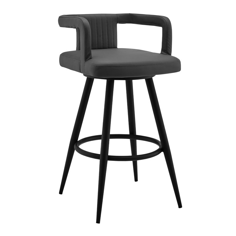 Tabouret de bar gris en similicuir et métal noir de 30 po avec pivot à 360 degrés, dossier ouvert respirant, rembourrage en mousse souple, repose-pieds pratique en métal, fonction pivotante, assise arrière, coussins rembourrés, pour