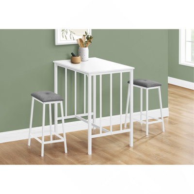 Ensemble de salle à manger, ensemble de 3 pièces, hauteur de comptoir, 36 po rectangulaire, petit, cuisine, stratifié blanc, métal blanc, contemporain, moderne
