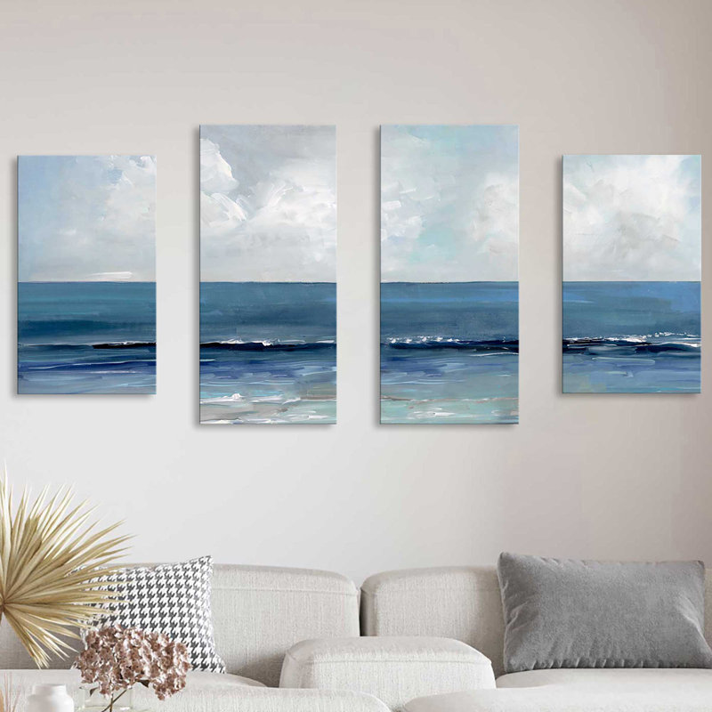 «Blue Seas on Canvas», 4 pièces par Sally Swatland, peinture, H 38 po x l 72 po x P 1,5 po