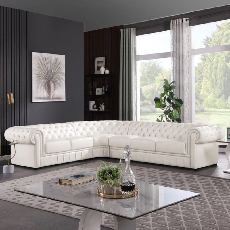  Canapé modulaire en cuir de vache Chesterfield, Cuir véritable beige