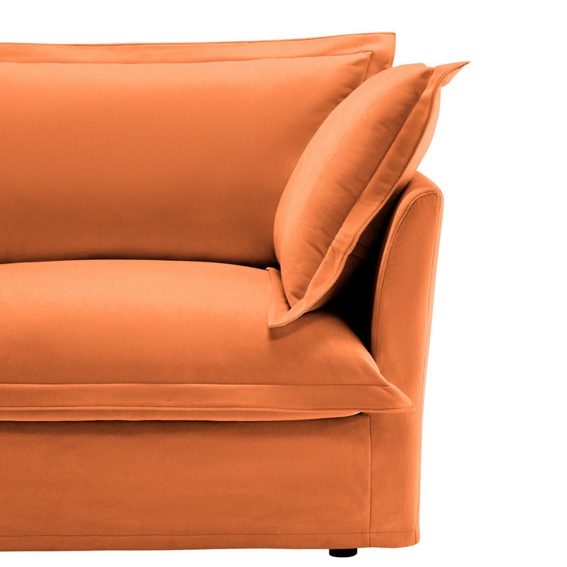Simple, fauteuil en chenille orange, grand coussin de dossier, coussins décoratifs confortables, housses amovibles, base en bois massif