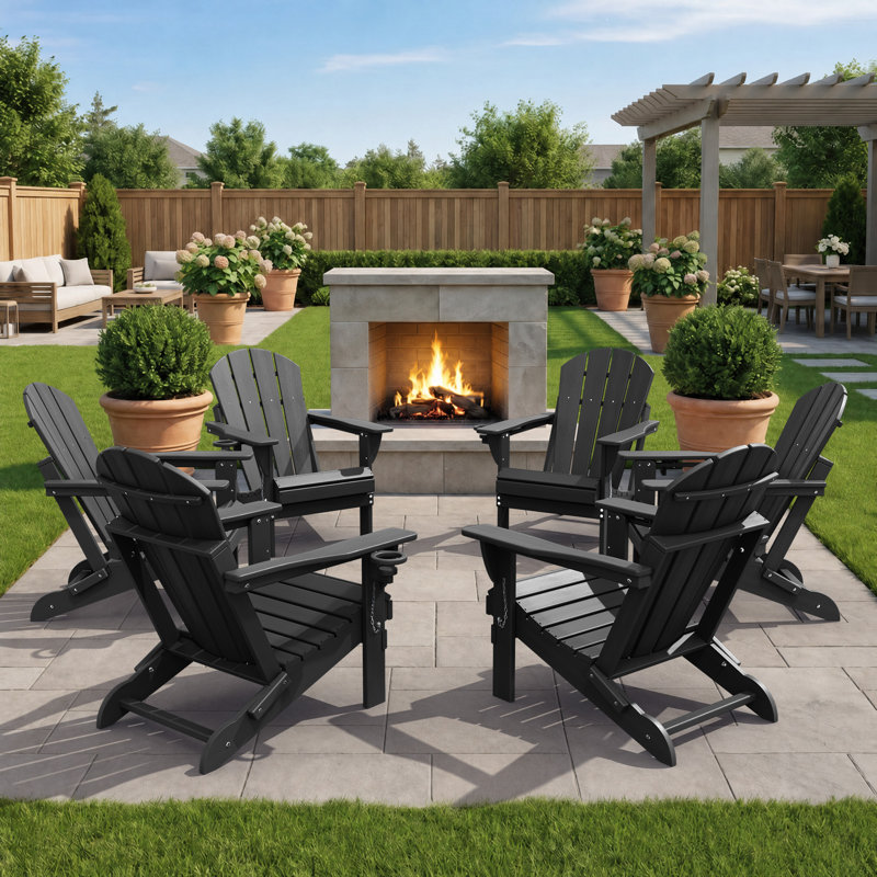 Ensemble de 6 chaises Adirondack pliantes, chaises de foyer, porte-gobelet, PEHD toutes saisons, Noir