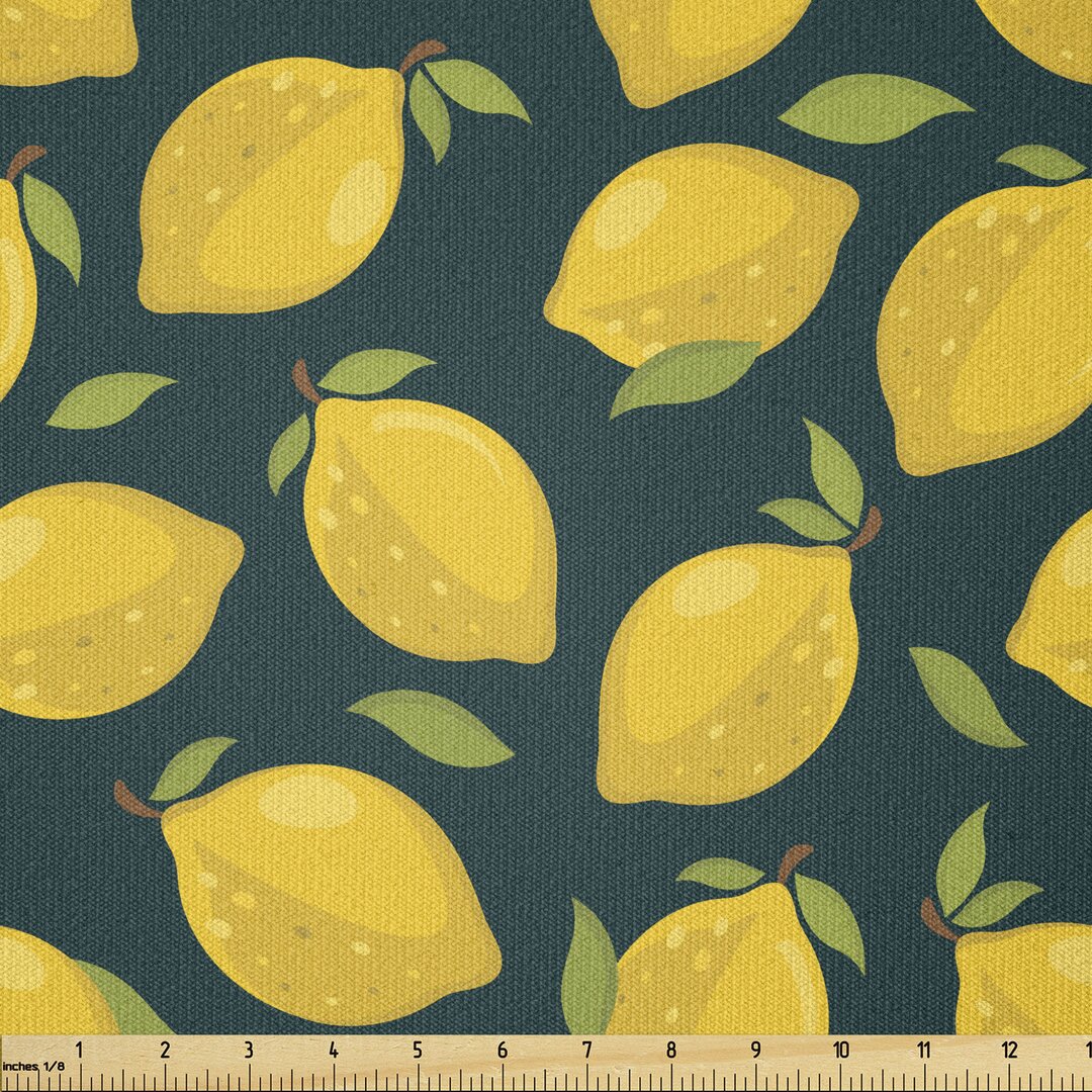 Stoff als Meterware, Citrus Cartoon mit Blättern, Zitronen, Dunkle Teal Yellow