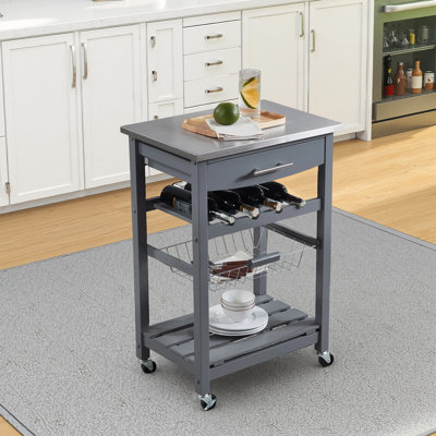 Mobile Indoor Kitchen Island Trolley Serving Cart with Stainless Steel Marble Top Underneath Drawer Slide-Out Wire Storage Basket Wine Rack Lockable C by Winston Porter