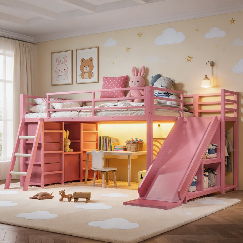 Lit mezzanine simple en métal avec glissière et échelle, lit mezzanine pour enfants avec tiroirs de rangement, tringle suspendue et lumières DEL - Cadre de lit peu encombrant pour les adolescents, rose