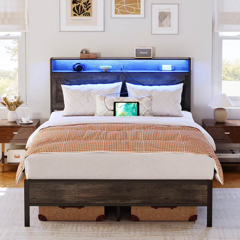 Alverstone Metal Bed Frame Platform Bed with Headboard and Charging Station, Full 
