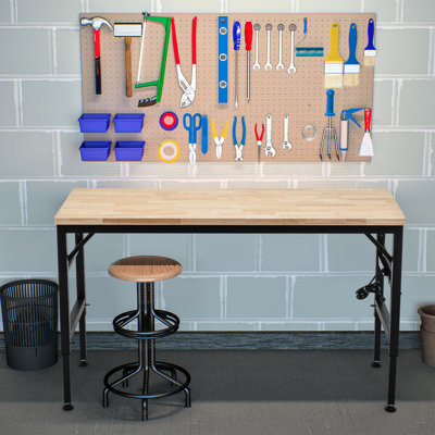 60" Workbench With 2000 Lbs Load Capacity - Adjustable Height And Rubber Wood Top For Workshop, Garage, Office, Home, Commercial Extra Support Rod Workshop Office