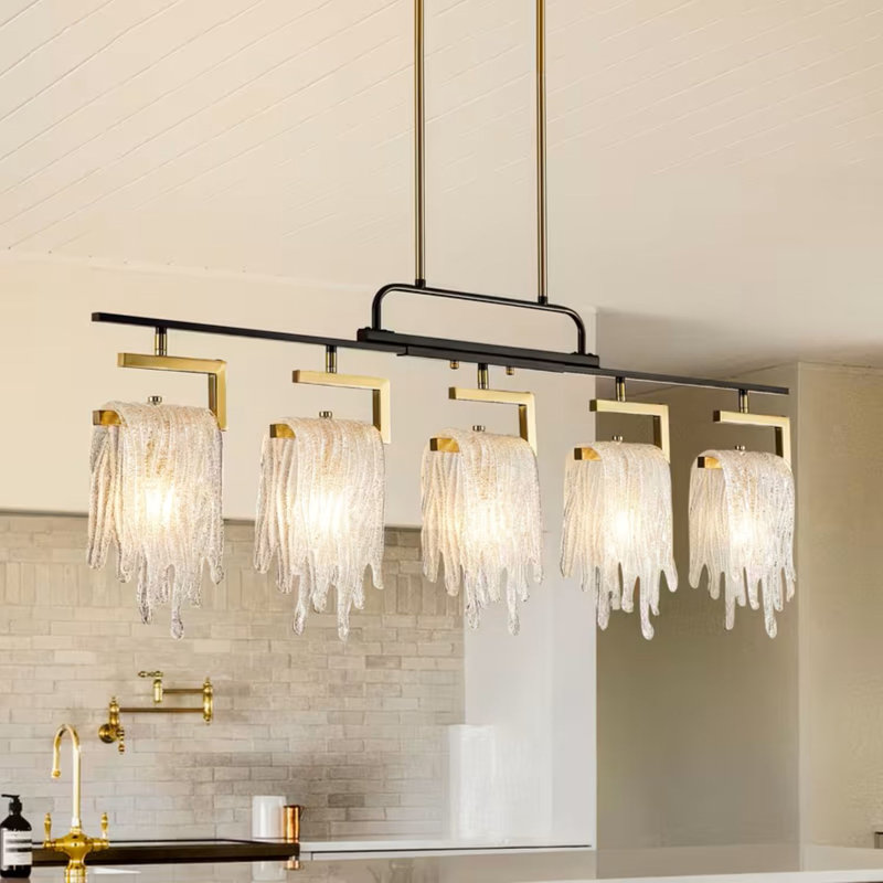 Modern Farmhouse 5-Light Linear Chandelier/Ceiling Pendant Light - Matte Black Semi-Flush Mount Hanging Fixture With Clear Glass Shades, Included Suitable Island & Dining Table Lighting, Dimmable