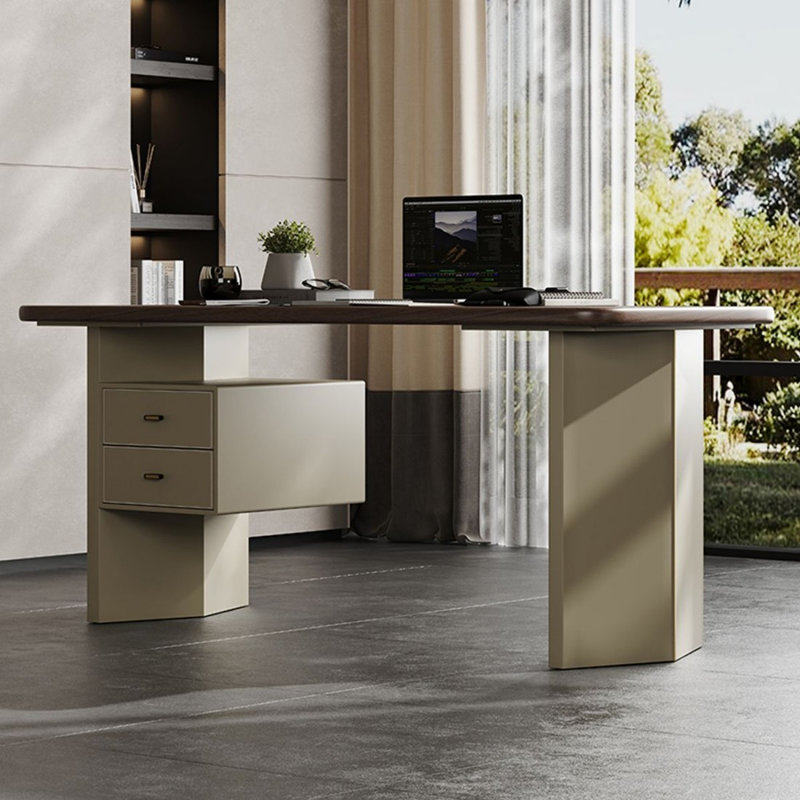 Bureau rectangulaire en bois manufacturé brun noisette + beige avec 2 tiroirs, Retour à gauche