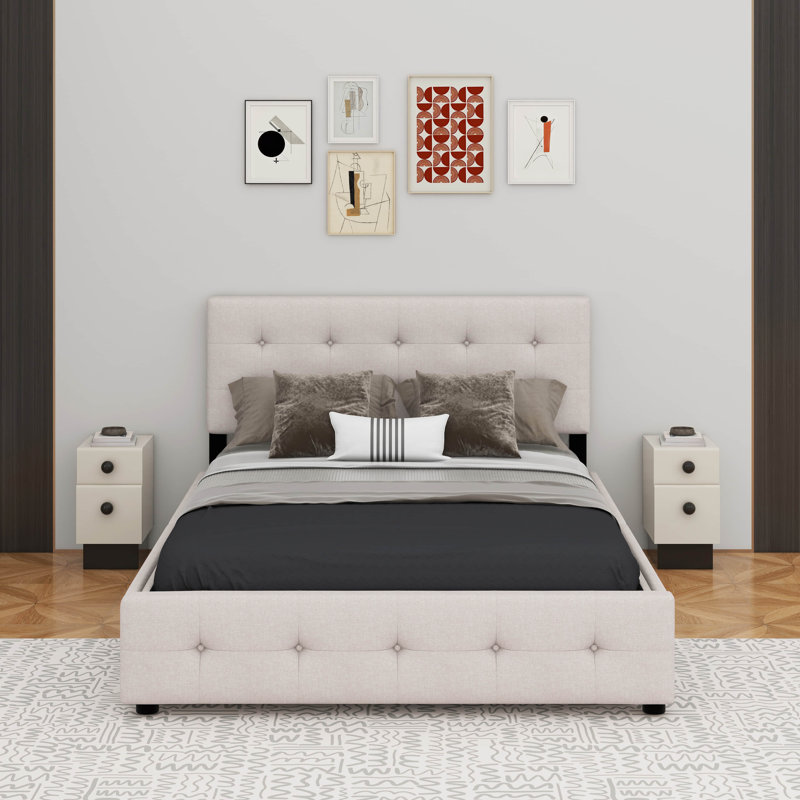 Grand lit plateforme tapissier avec tête de lit classique et 4 tiroirs, Beige