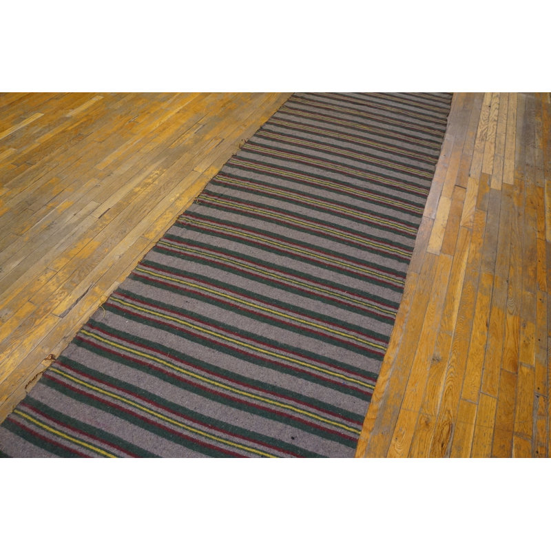 Antique Striped Pattern American Flat Weave Hallway Runner Rag Rug