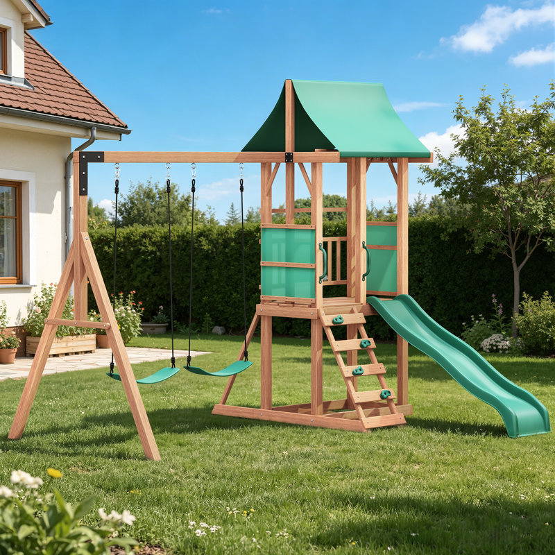 Swing Sets for Backyard, Kids Outdoor Play Equipment with Two Swings, Slide, Rock Climbing Wall , Swing Set with Wave Slide, Playground Sets for Backyards
