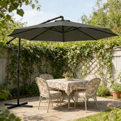 Parasol suspendu en porte-à-faux 118,1 pouces avec bouton-poussoir inclinable, protection solaire UPF 30+, 8 nervures en acier, housse de protection incluse pour le jardin, gris