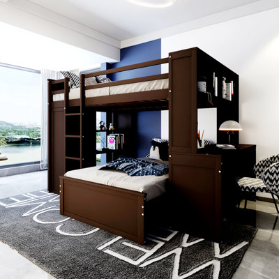 Full size Loft Bed with a twin size Stand-alone bed, Shelves,Desk