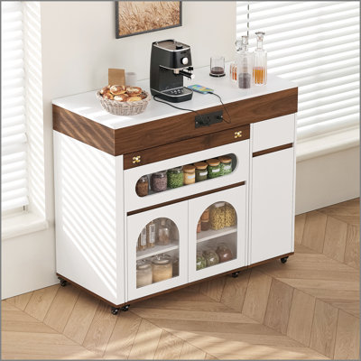 Extendable Dining Table with Extra-Long Folding Top, Rolling Kitchen Island with Drawers, Power Outlet and Brake lock, Storage Cabinet for Kitchen and Dining Room (Walnut + Creamy White)