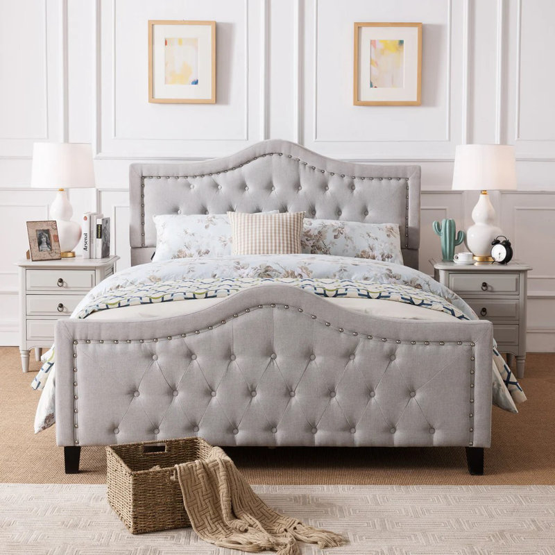 Upholstered Size Platform Bed Frame, Arched Nailhead Decor Headboard And Footboard, Button Tufted Design, No Box Spring Needed, Easy To Assemble, Ivory