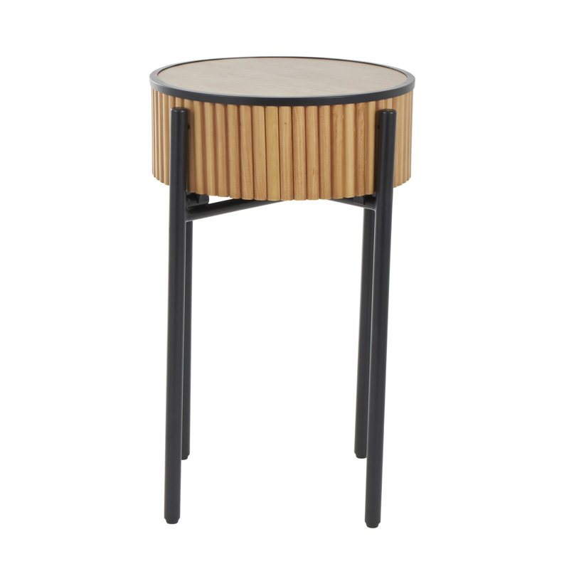 Wooden Handmade Slatted End Table With Black Legs, 26.5" H x 18" W x 18" D