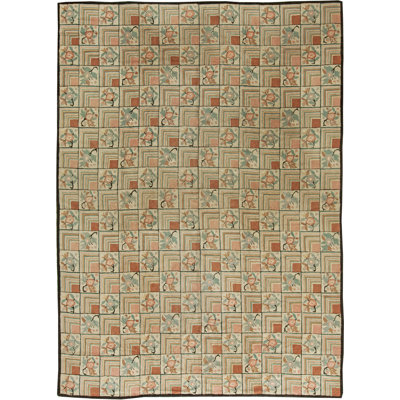 Tapis brun / rose à motif floral unique de 10 pi 9 po x 14 pi 9 po Vintage
