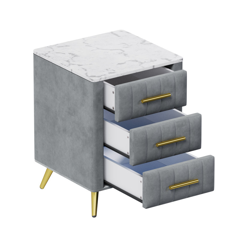 Velvet Upholstered 3 Drawers Wooden Nightstand, Marbling Stickers Worktop, Metal Legs&Handles, Gray