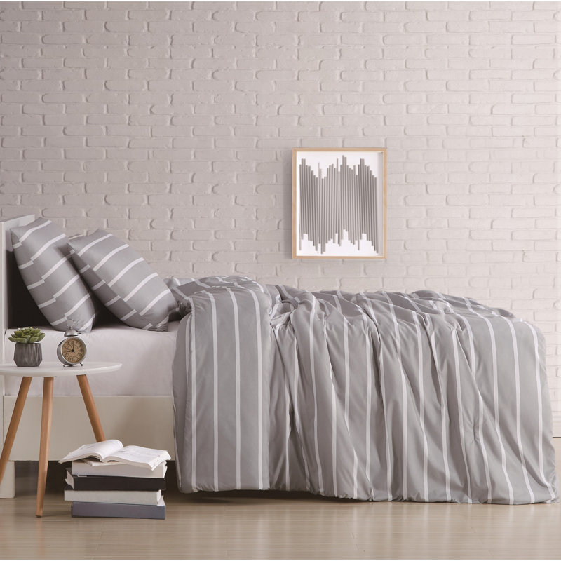 Ensemble de housse de couette Maddow Stripe, Housse de couette lit simple TG et 1 taie décorat, Gris
