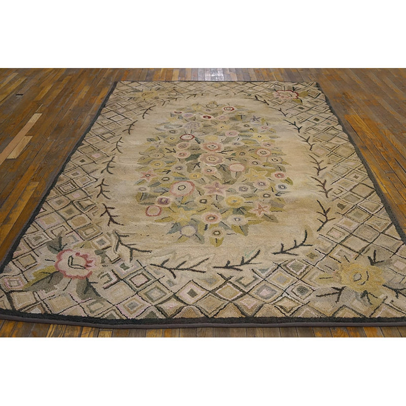 Antique American Hooked Floral Medallion Wool Ivory Beige Cream White 1930s Rug