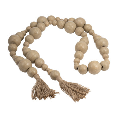 Decorative Garland Round Beads with Tassel Ends - Handcrafted Wood Decorations for Living Room and Home Decor - Mix with Statues, Sculpture, or Figurines Accents