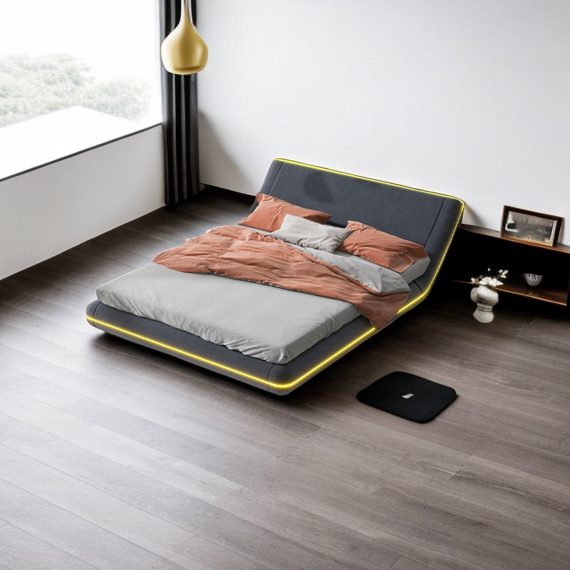 Lit plateforme en cuir Leuteria, Double, Gris