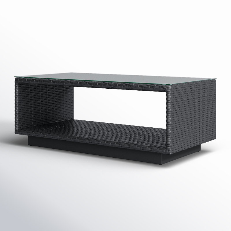Aceline Wicker Outdoor Coffee Table with Glass Top and Shelf