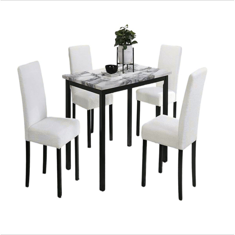 Chaises en tissu de laine de couleur blanche avec plateau de table en faux marbre et ensemble de salle à manger 5 pièces