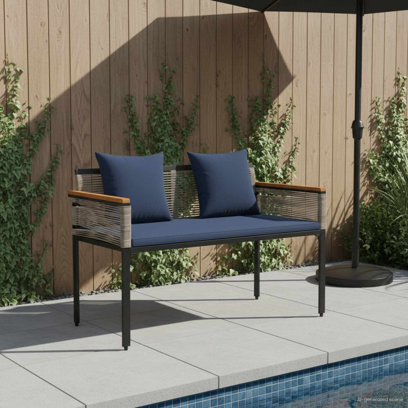 Poly Rattan Outdoor Bench, Navy Blue, Grey