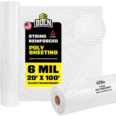 Boen Fire Retardant String Reinforced Plastic Sheeting 20 ft x 100 ft, 6 Mil Heavy-Duty for Dust Containment, Vapor Barrier & Jobsite Protection