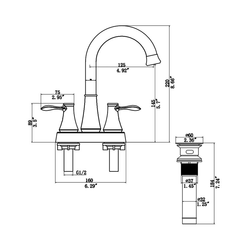 Robinet de salle de bain central en acier inoxydable facile à installer
