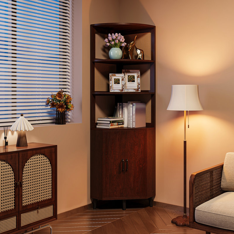 69.7’’H X 17.7’’ W Rattan And Wood Fan-Shaped Storage Bookcase With Doors, 3-Tier Corner Shelf With Cabinet, Dark Walnut