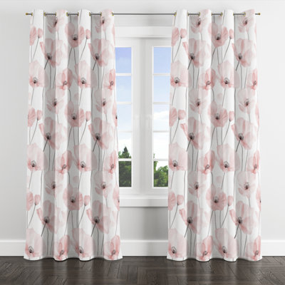 Floral Blackout Curtains - French Country Blush Poppies Velvet Grommet Curtain - 1 Panel