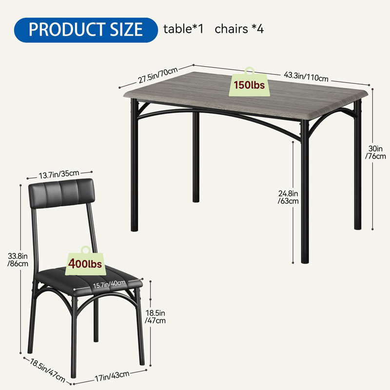 Dining Table Set for 4, Kitchen Table and Chairs for 4 with Upholstered Chairs, 5 Piece Rectangular Kitchen Table Set, Dining Room Table Set for Small Space, Apartment