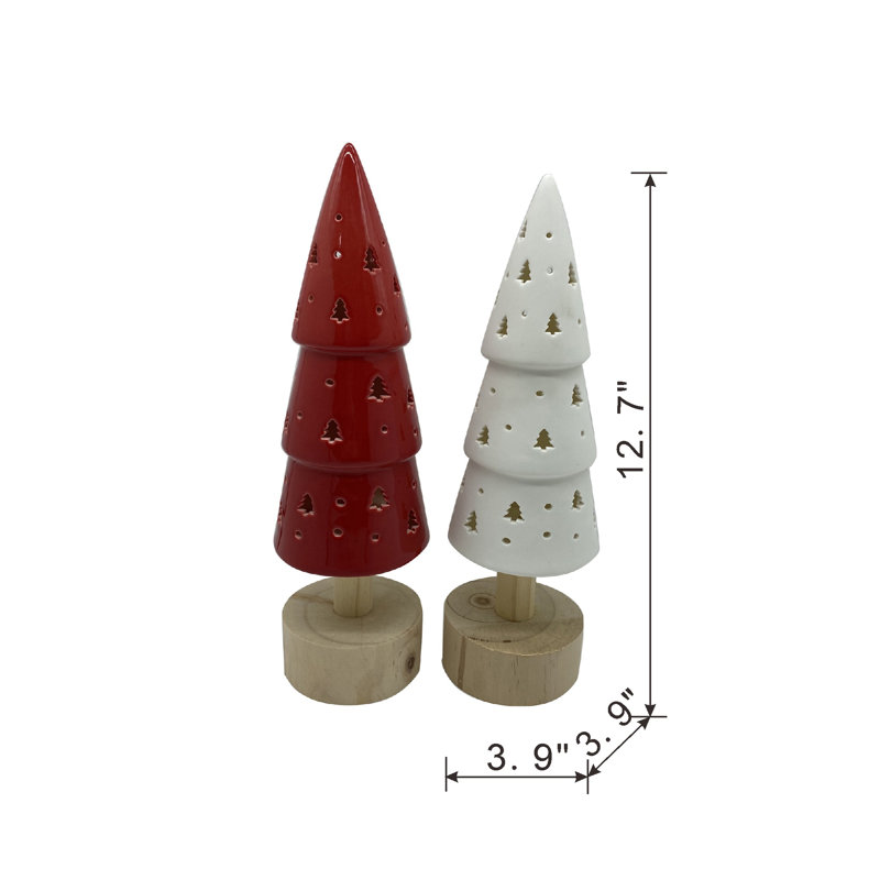 Arbre en céramique 4 pi x 4 pi x 12,7 po S / 2 avec base Wodden, rouge / blanc