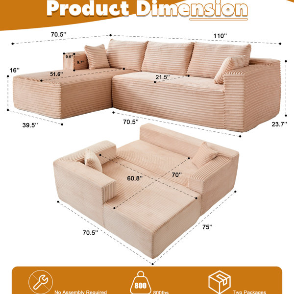 Latitude Run® 3 Compression Sectional In Brown Corduroy, Boneless L ...