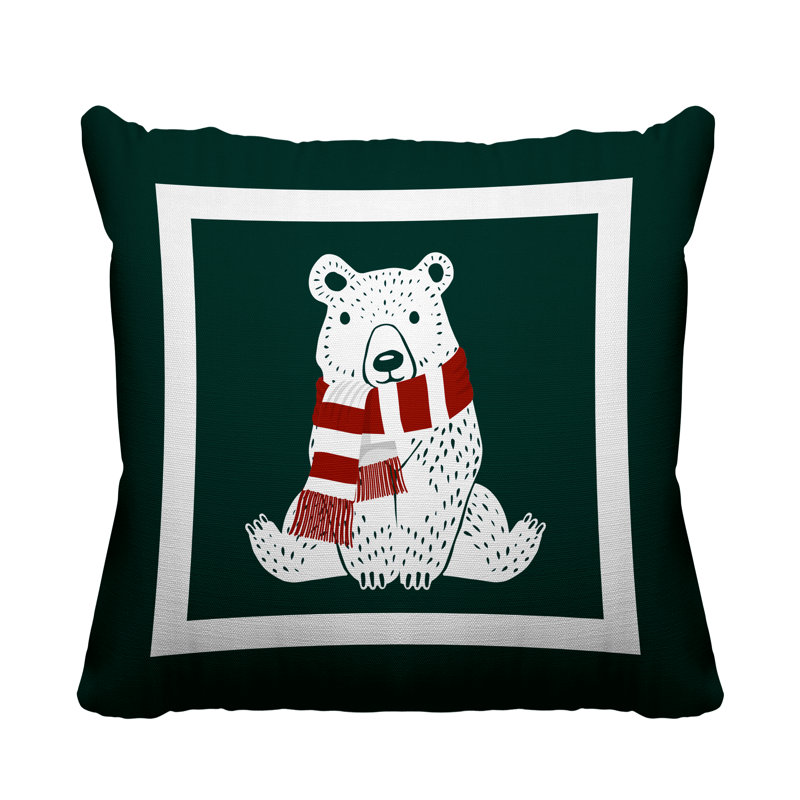 Coussin intérieur / extérieur Folk Christmas Bear, L 15 po x H 15 po, Vert