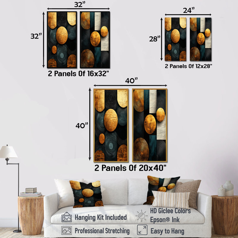Formes géométriques essentielles I, décorations géométriques abstraites, 2 pièces, H 28 po x l 25 po, Toile tendue